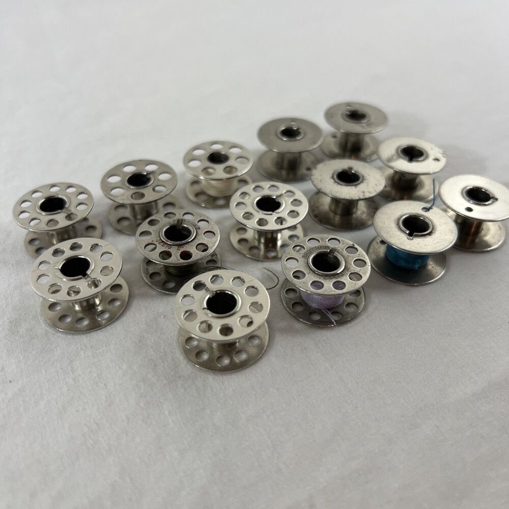 14 Vintage Metal Sewing Machine Bobbins - 10 Hole and Solid - Some Brother